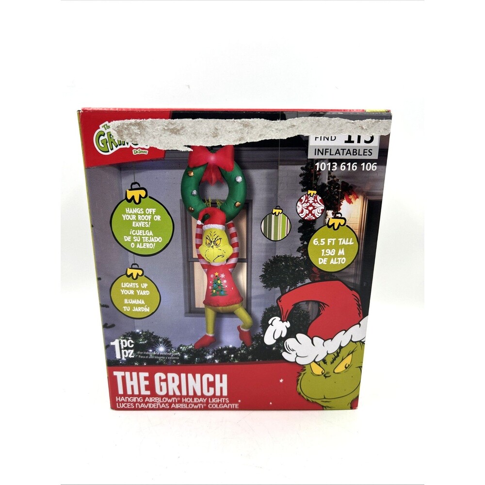 Gemmy 6.5' The Grinch Hanging From Christmas Wreath Airblown Inflatable Light Up